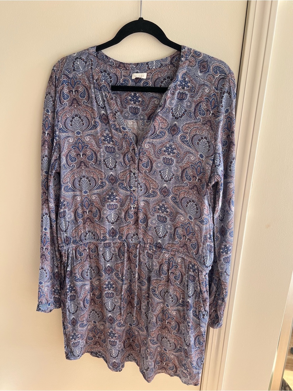 Hinge Paisley Boho Long Sleeve Dress Large Drawstring Waist Pockets